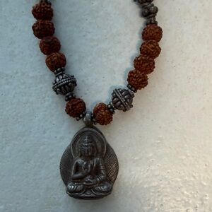 Silver and Brown Beaded Buddha Pendant Necklace